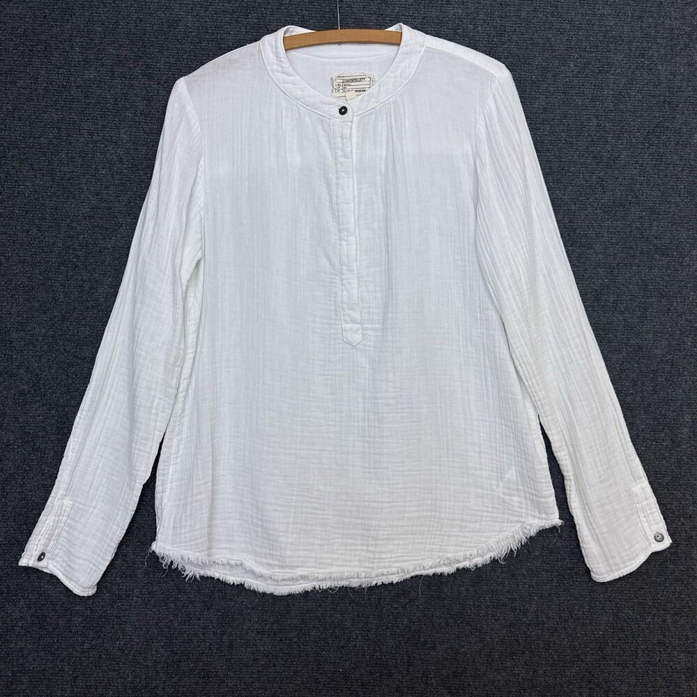 Current Elliott Annabelle Blouse White Long Sleeve Henley Raw Hem 1S Minimalist